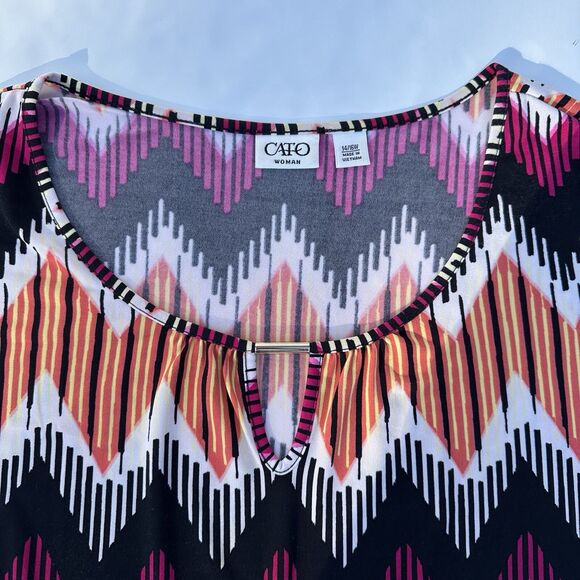 Cato Blouse Sz 14/16W Colorful Chevron Keyhole Tie Waist Artsy Office Casual - Picture 9 of 14